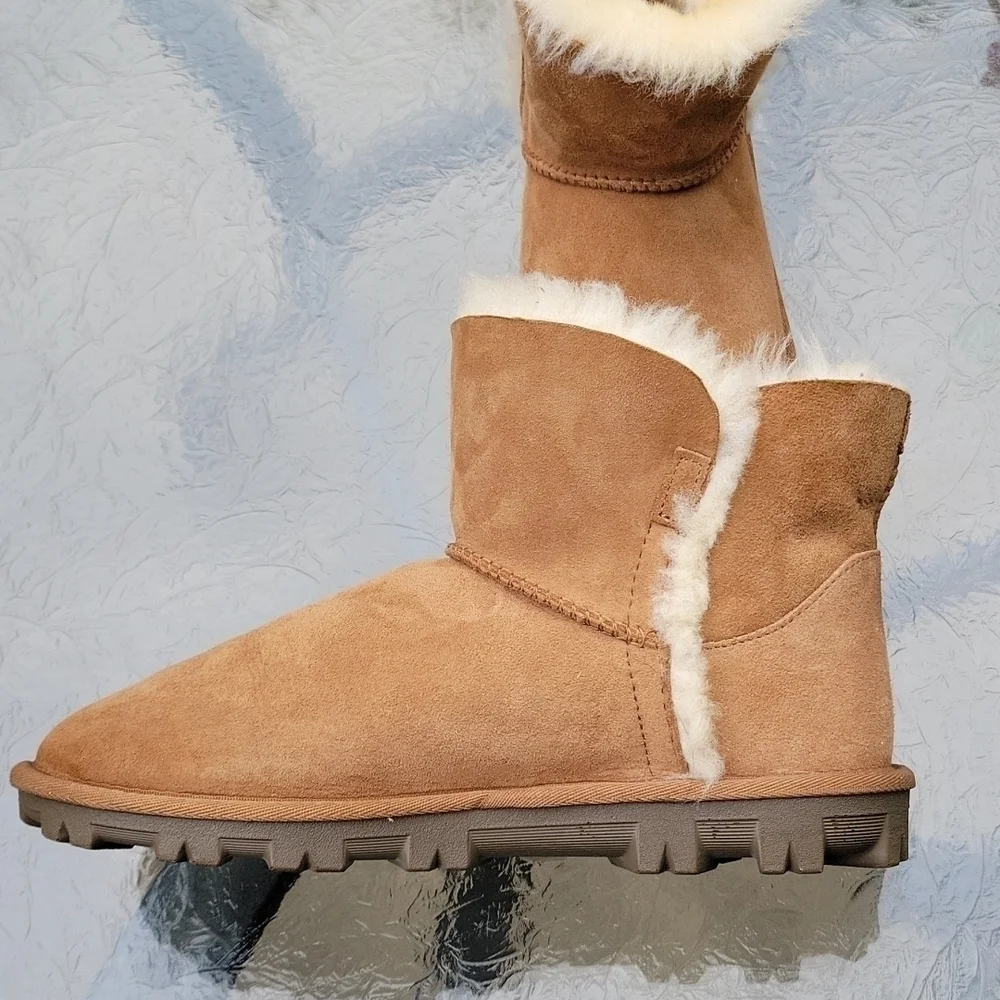 Sherpa Shearling Wool Lining Genuine Suede Ankle Booties Tan Contrast Fur Sz.7
